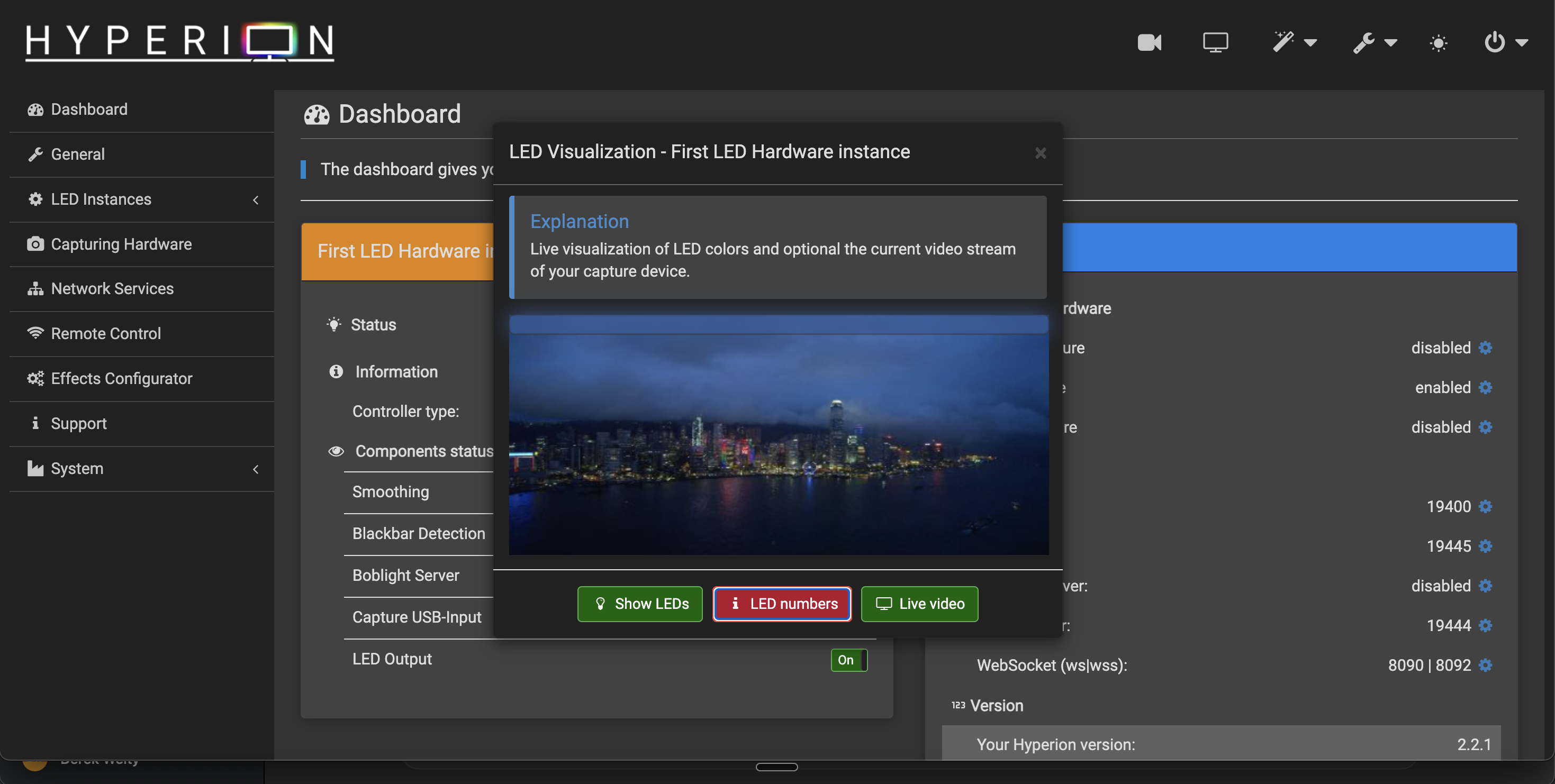 Hyperion dashboard — live LED preview reacting to Apple TV content